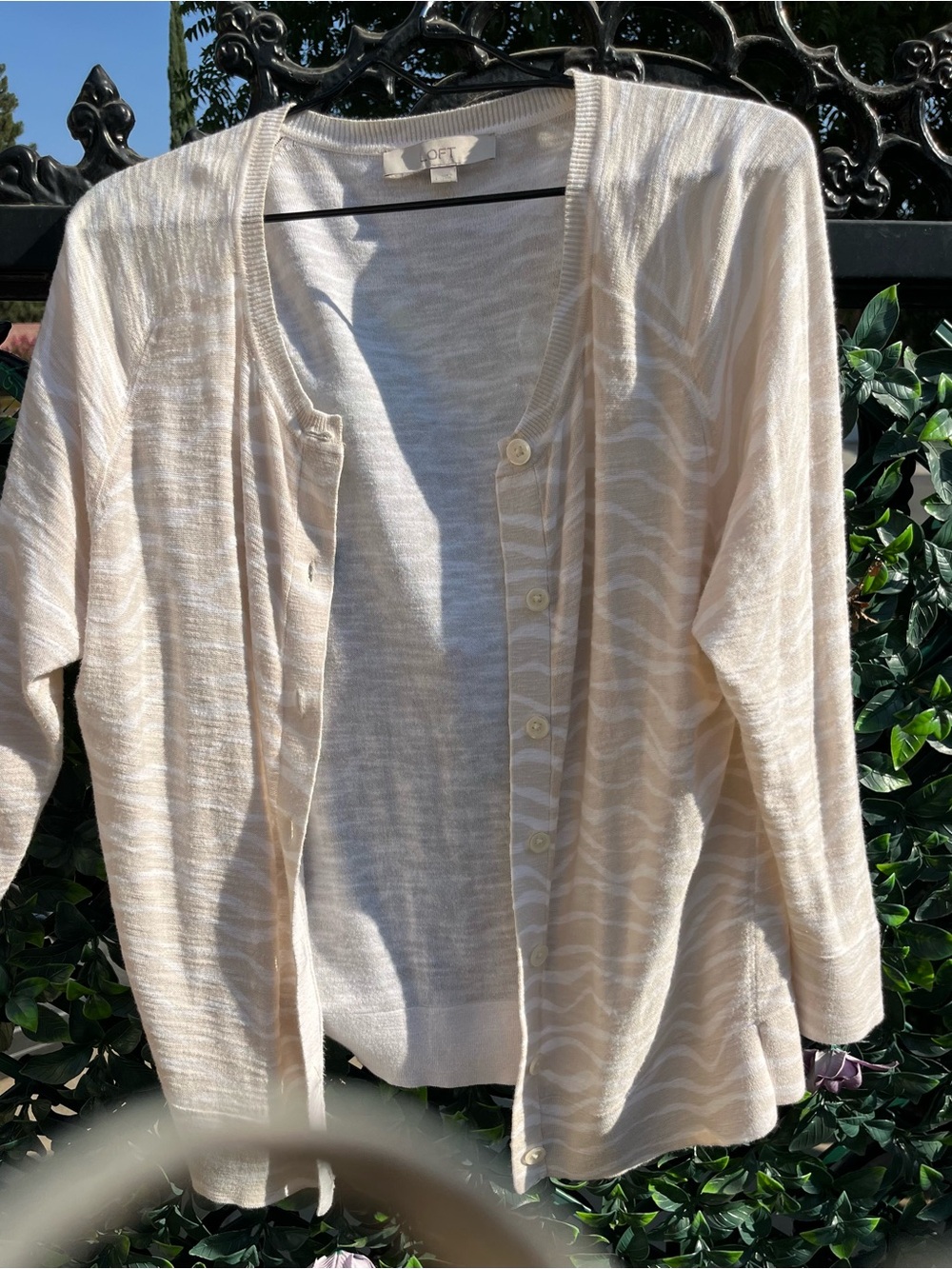 LOFT Cream Button-Front Lightweight Cardigan with Subtle Stripe